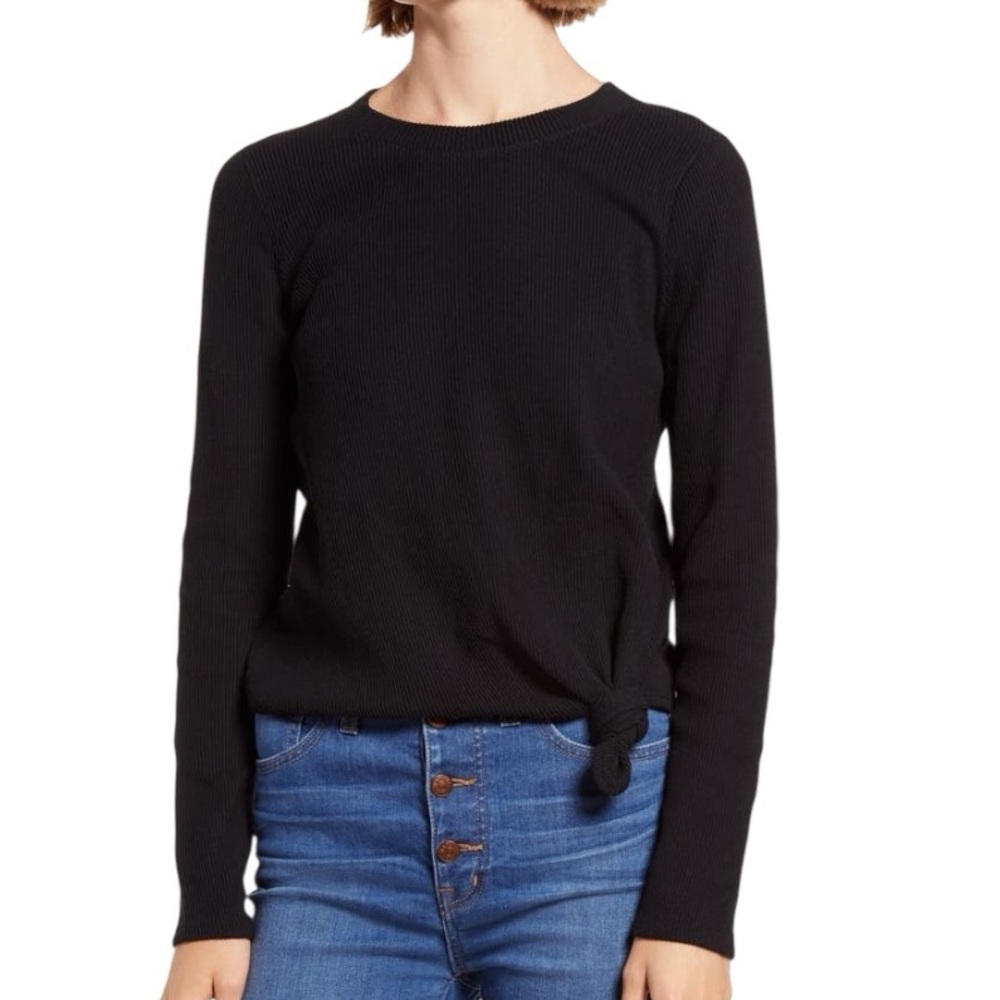 Madewell Black Ribbed Jacquard Knit Knot Front Cropped Top - XS